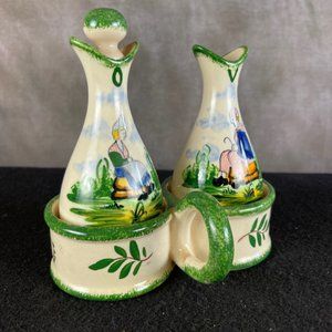 Vintage Desvre Oil and Vinegar Cruet Set Hand Painted Folk Art Made in France